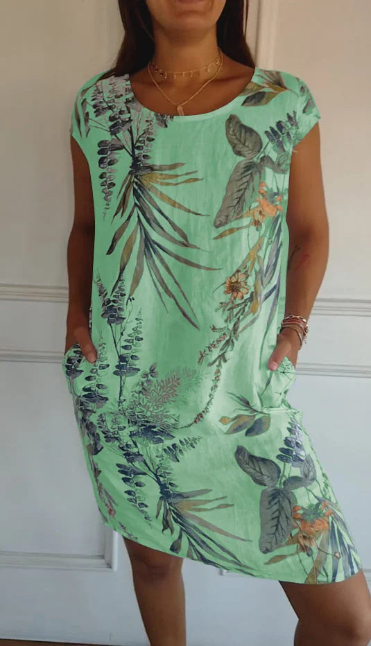 Women Clothing Summer Cotton Linen round Neck Printed with Pocket by Ragazza