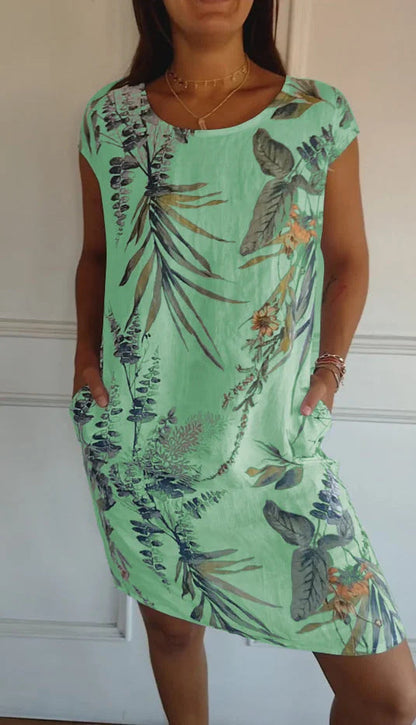 Women Clothing Summer Cotton Linen round Neck Printed with Pocket by Ragazza