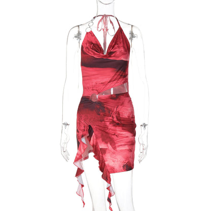 Women Clothing Summer Printing Sexy Backless Lace up Dress by Ragazza