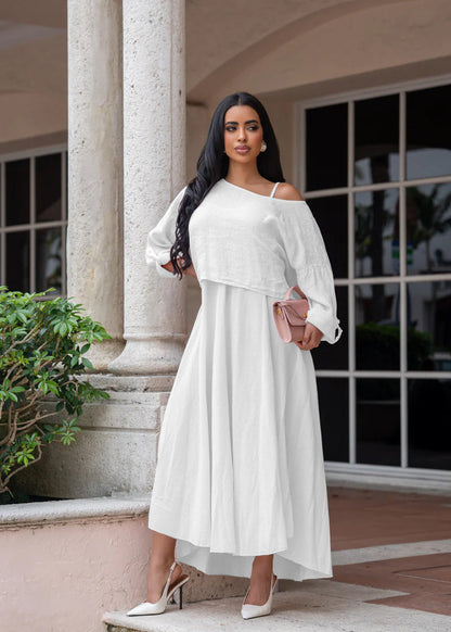 Summer Autumn Solid Color Casual Loose Strap Dress Diagonal Collar Loose Long Sleeve Two Piece Dress Set  DestGlow