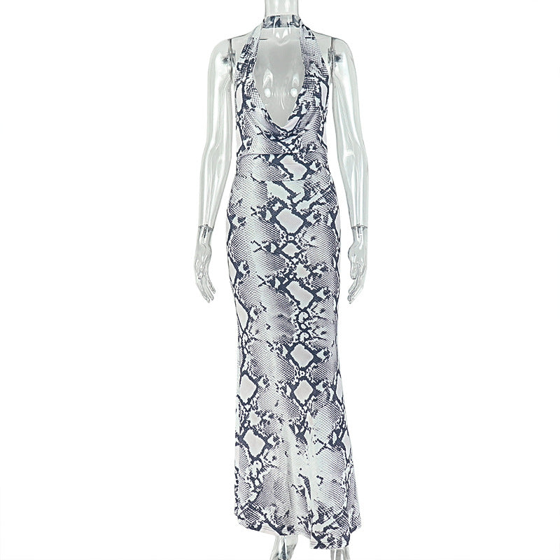 Gray White Printing Women Halter Swing Collar Hip Waist Controlled Low Cut Long Dress  DestGlow