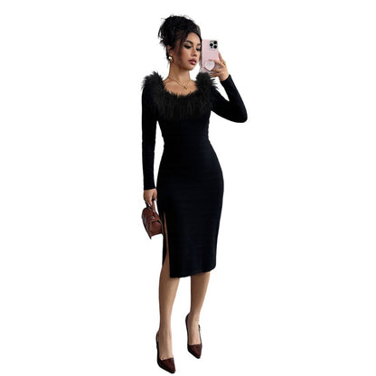 Black Plush Neckline Dress Women Fall Winter Slim Maxi Dress Side Slit Elegant Dinner Dress by Ragazza