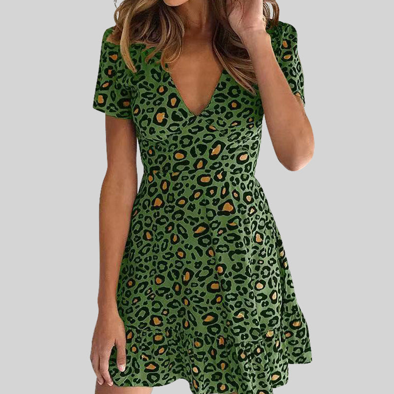Summer Sexy V neck Mid Waist Short Dress Leopard Print Dress by Ragazza