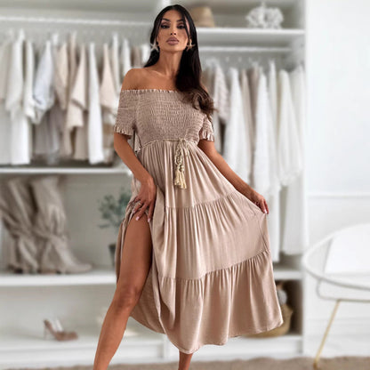 Women Clothing Summer Solid Color off Neck Short Sleeve Elastic Waisted Lace up Stitching Dress by Ragazza