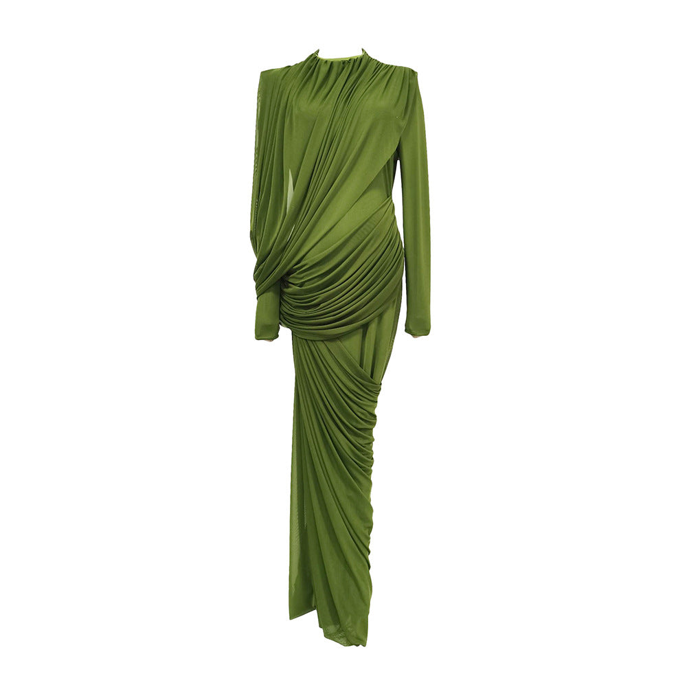 Elegant Retro Spring Pleated Tight Waist Slim Slimming High Waist round Neck Solid Color Dress for Women by Ragazza