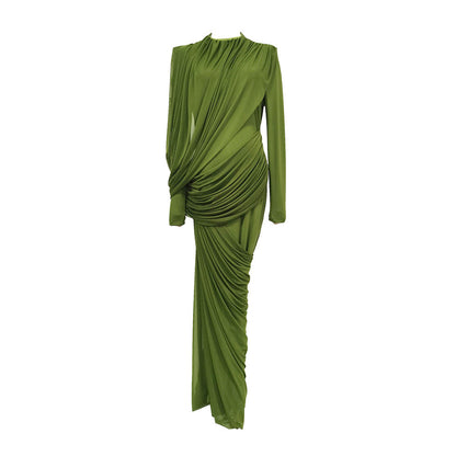 Elegant Retro Spring Pleated Tight Waist Slim Slimming High Waist round Neck Solid Color Dress for Women by Ragazza