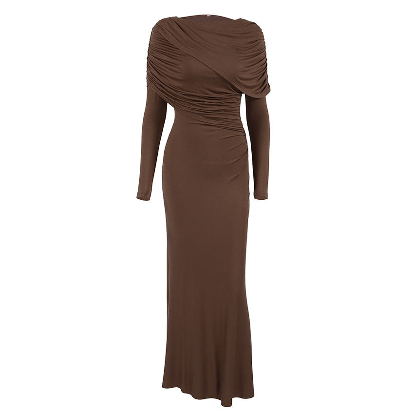 Fall Winter Elegant Long Sleeve Solid Color Knitted Slim Fit Maxi Dress Office Irregular Asymmetric Collar Dress for Women by Ragazza