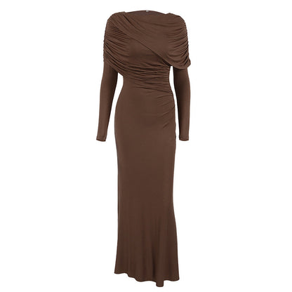 Fall Winter Elegant Long Sleeve Solid Color Knitted Slim Fit Maxi Dress Office Irregular Asymmetric Collar Dress for Women by Ragazza