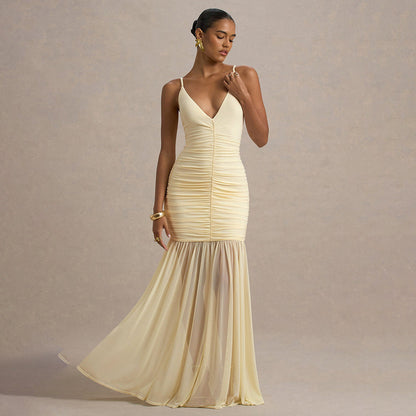 Elegant Straps Tulle Dress Sexy Deep V Plunge Pleated Stitched Backless Maxi Dress by Ragazza