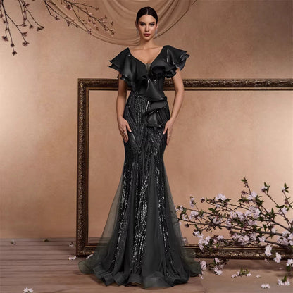Elegant Ruffle Sleeve Sequin Elegant Cocktail Party Dinner Dress Backless Luxury Fishtail Graduation Evening by Ragazza