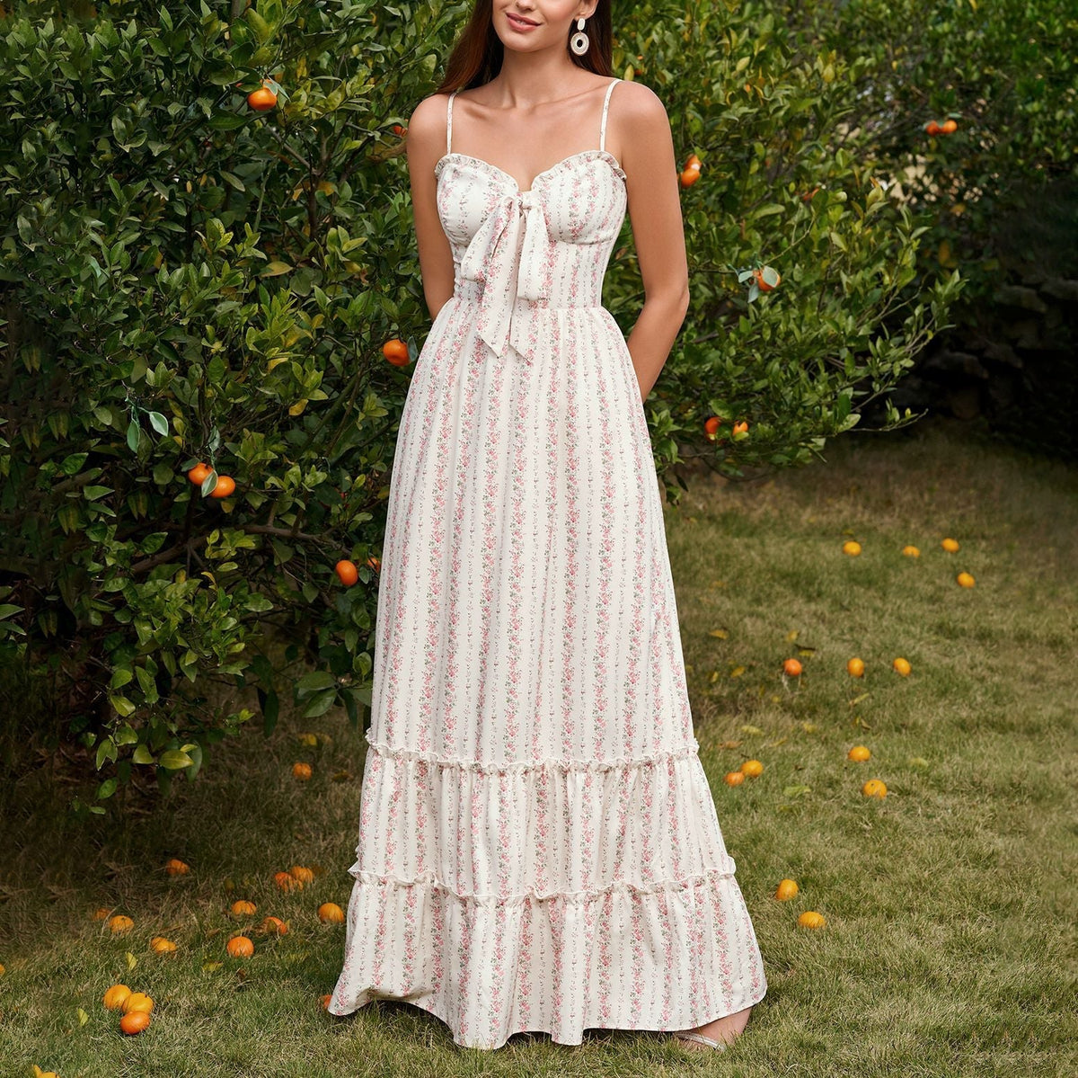 Four Sided Stretch Strap Dress Sexy Printed Wooden Ear Decoration Waist Slimming Maxi Dress  DestGlow