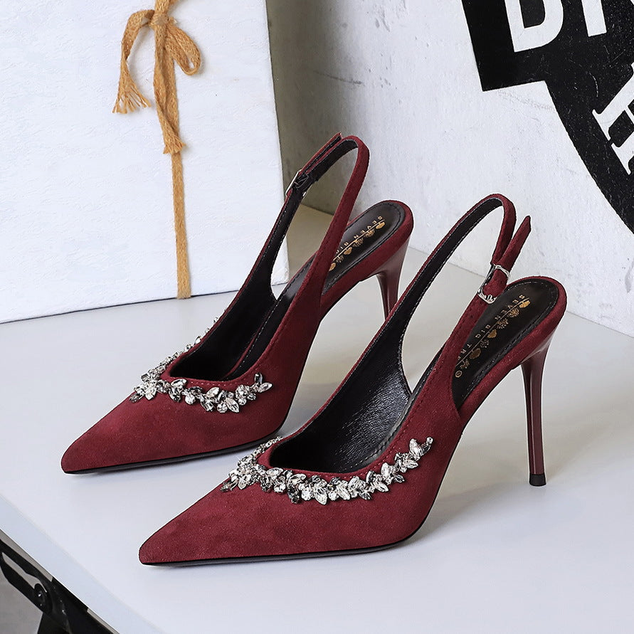 Cocktail High Heels Stiletto Heel Pointed Toe Rhinestone Shallow Mouth Suede Back Empty Back Strap Super High Heel Shoes  DestGlow