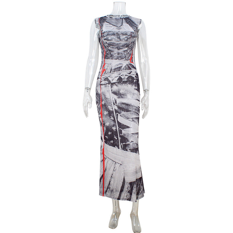 Women Clothing Crew Neck Sleeveless Slim Fit Fashionable High End Personalized Printed Sheath Dress Women by Ragazza