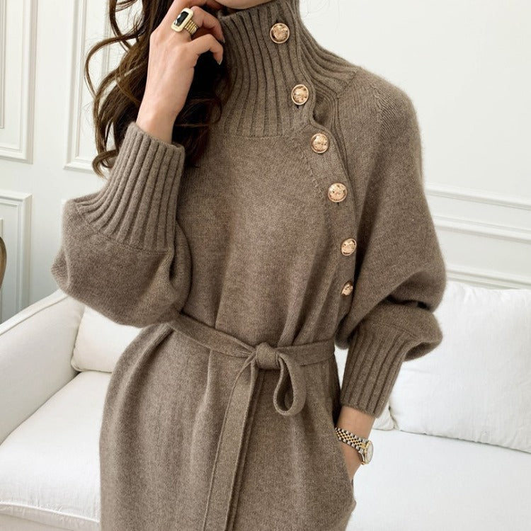 Japanese Korean Lace up Waist Trimming Knitted Dress Autumn Winter Loose Slimming All Matching Turtleneck Long Sweater for Women by Ragazza