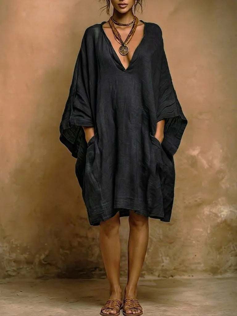Loose Large V neck Pocket Batwing Sleeve Solid Color Midi Dress  DestGlow