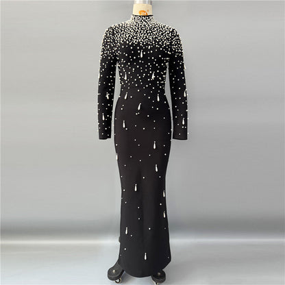 Heavy Industry Beads Diamond Long Sleeve Bandage One Piece Dress Evening Party Elegant Graceful Formal Dress by Ragazza