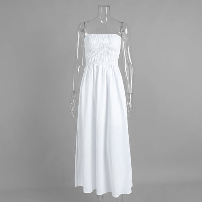 Purified Cotton Tube Top Dress Summer Vacation off the Shoulder Pleated High Waist Maxi Dress  DestGlow