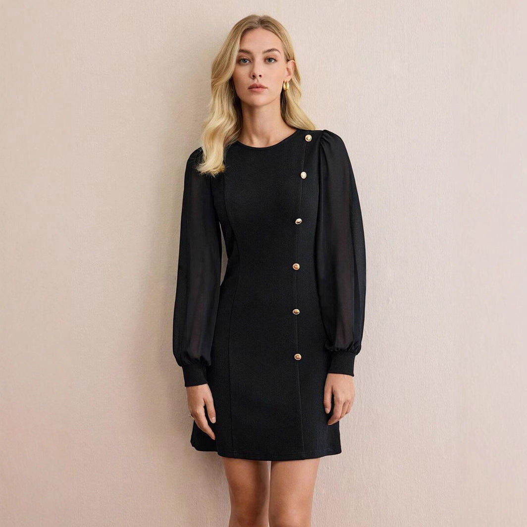 Early Spring Women Slim Fit Slimming Solid Color Clinch Stitching Long Sleeve Dress by Ragazza