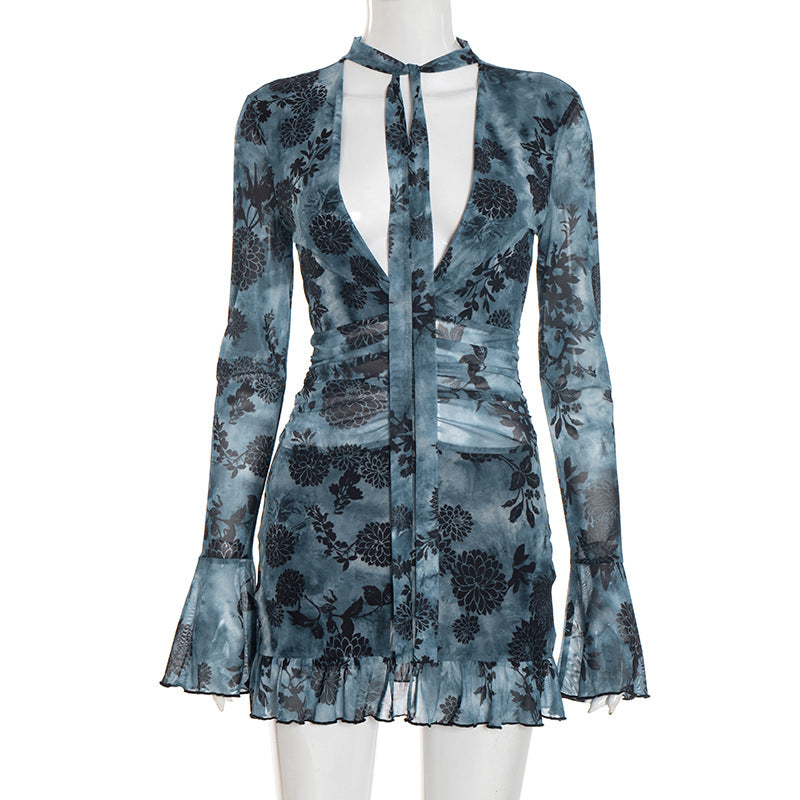 Women Clothing Autumn Printed Mesh Halter Tied Long Sleeves Short Dress with Safety Pants by Ragazza