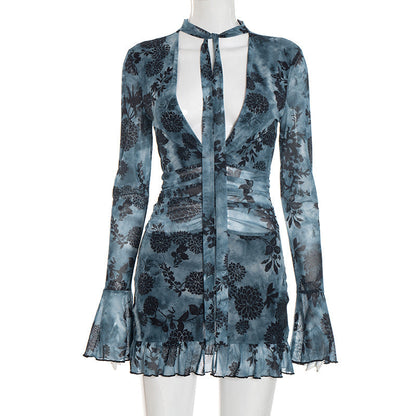 Women Clothing Autumn Printed Mesh Halter Tied Long Sleeves Short Dress with Safety Pants by Ragazza
