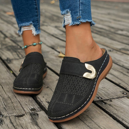 Hollow Out Cutout out Baotou Platform Slippers Women Summer Metal Buckle Wedge Casual Sandals  DestGlow