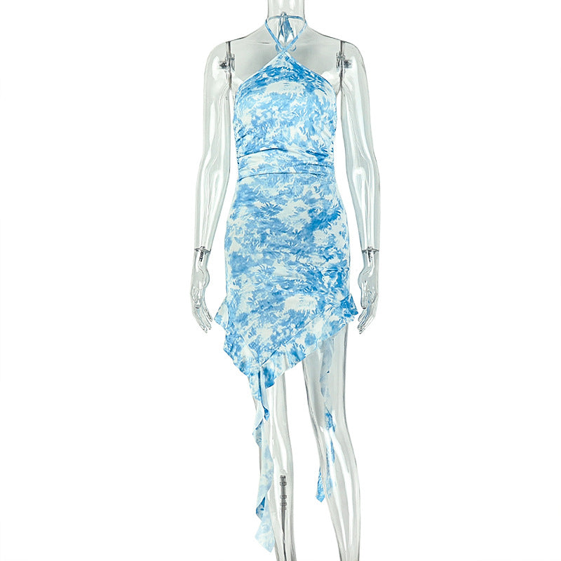 Women Wear Waist Tight Fresh Summer Hip Dress Ruffled Design Sleeveless Halter Dress  DestGlow