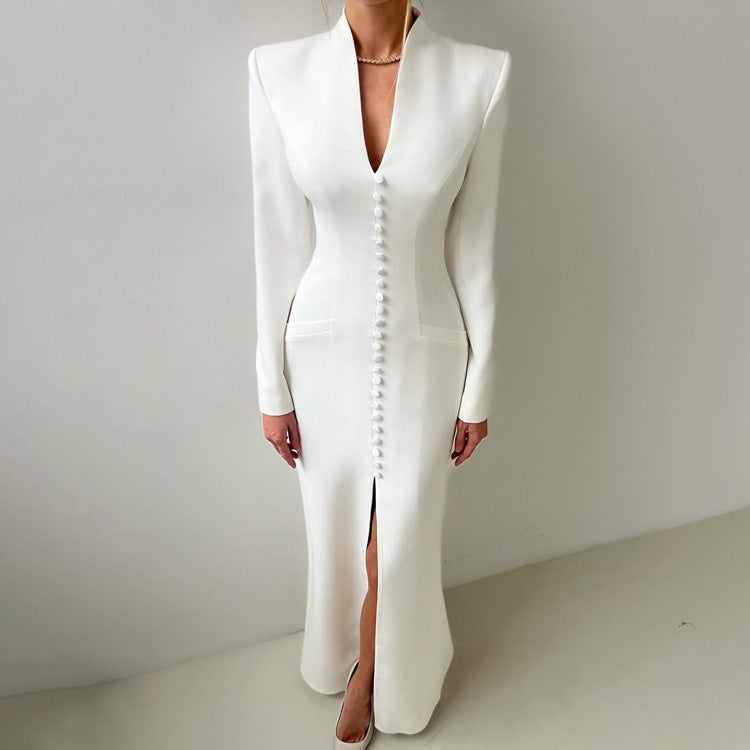 V neck Long Sleeve High Waist Split French Dress Women Party Long Dress by Ragazza