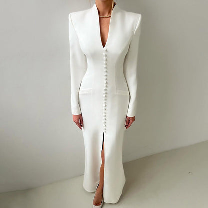 V neck Long Sleeve High Waist Split French Dress Women Party Long Dress by Ragazza