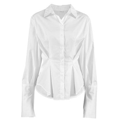 Court White Cotton Shirt Women Light Luxury Pleat Waisted Slim-Fit Long-Sleeved Collared Shirt by Ragazza