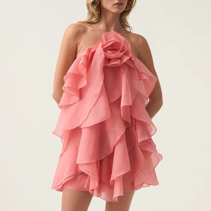 Elegant Sexy High Grade Short Dress Early Spring Halter Three Dimensional Floral Design Lace up Sleeveless Dress by Ragazza
