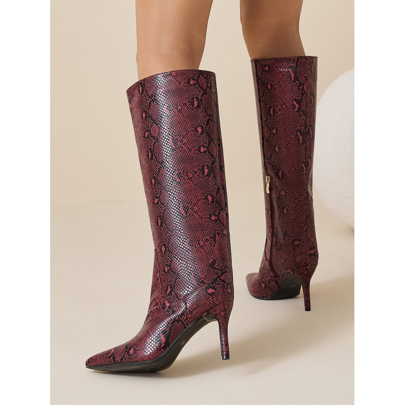 Straight Stiletto Snake Pattern Pointed Toe Side Zip Comfortable Outdoor Women Boots  DestGlow