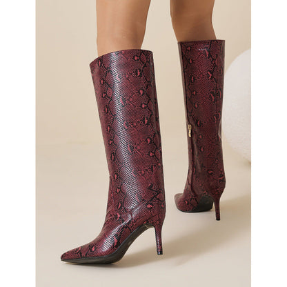 Straight Stiletto Snake Pattern Pointed Toe Side Zip Comfortable Outdoor Women Boots  DestGlow