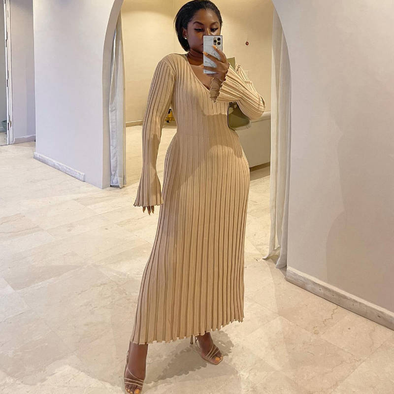 Autumn Winter Knitted Dress Casual Waist Tight V Neck Big Pit Stripe Slimming Knitted Maxi Dress Women by Ragazza