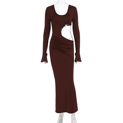 Women Clothing Fashionable Elegant Sexy Hollow Out Cutout Slim Fit U Neck Long Sleeved Dress by Ragazza