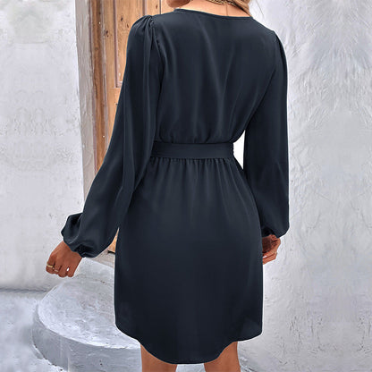 Women Clothing Spring Solid Color V neck Long Sleeve Dress by Ragazza