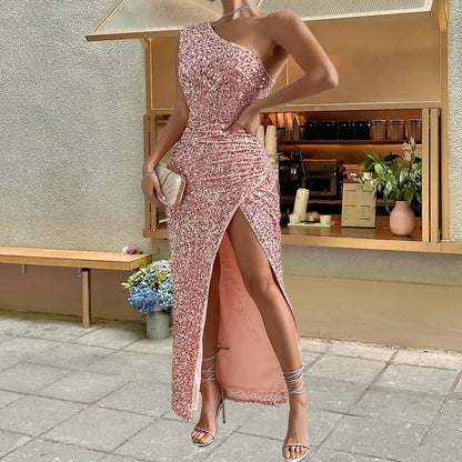 Women Clothing Spring Sexy Sequined One Shoulder Sleeveless Split Solid Color Dress by Ragazza