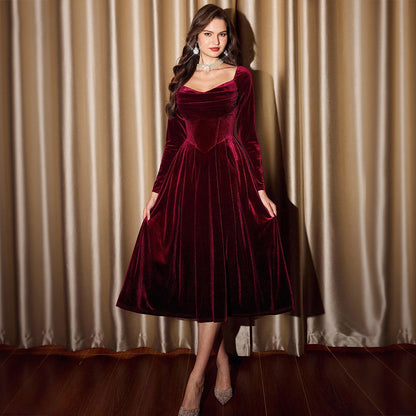 French Romantic Tea Break Wine Red Velvet Square Collar Long Sleeve Dress Autumn Winter Retro Mid Length A line Dress by Ragazza