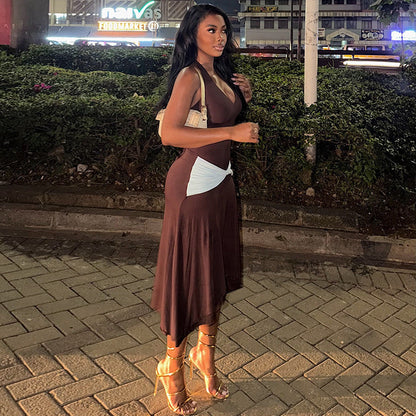 Color Matching Women Pleated Simple Design V neck Halter Waist Tight Maxi Dress  DestGlow