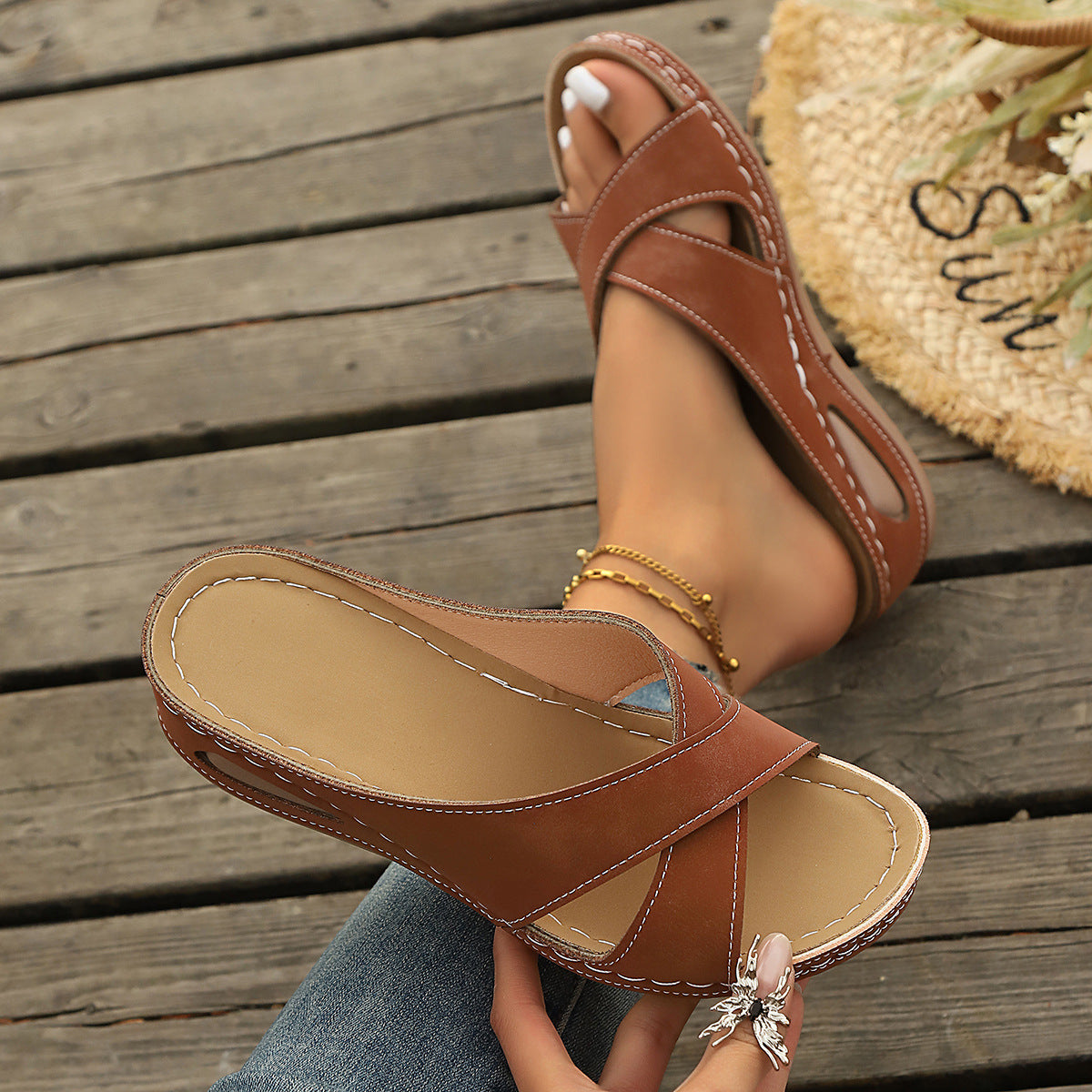 Cross Strap Open Toe Platform Slippers Women Wedge Simple Casual Beach Sandals  DestGlow
