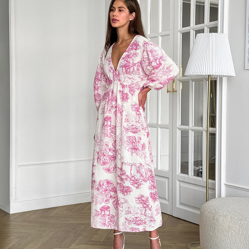 Autumn Elegant V Neck Lantern Sleeve All Matching Printed Lace Up Dress Cotton Linen Women Maxi Dress by Ragazza