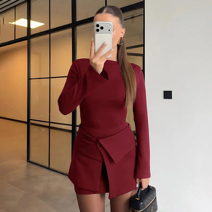 Women Clothing Winter Micro Pull Long Sleeve Short Dress Fold Button Two Piece Overskirt Set by Ragazza