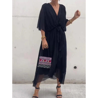Women Clothing Solid Color Tied Maxi Dress Batwing Sleeve Irregular Asymmetric Dress by Ragazza