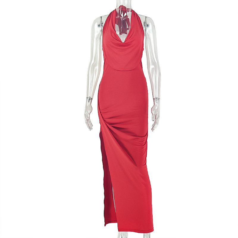 Women Clothing Solid Color Pleated Slimming Side Slit Hip Dress Swing Collar Sleeveless Long Trendy Dress by Ragazza