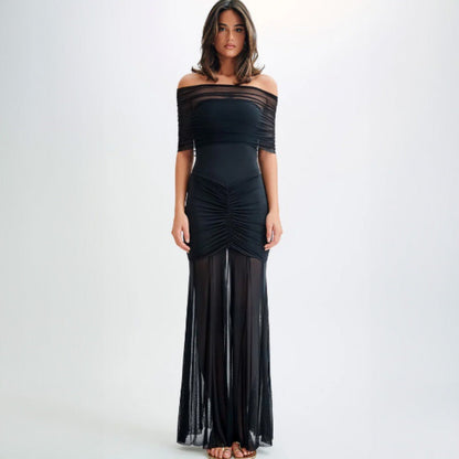 Women Clothing Autumn Tube Top Pleated Mesh Slim Fit Patchwork Dress Two Piece Set by Ragazza