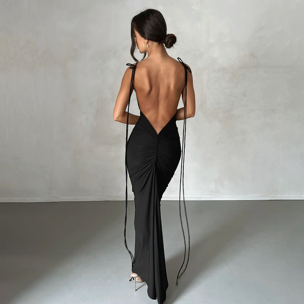 Women Sexy Dress Sexy Backless Pleated Dress Evening Dress Sleeveless Strap Dress for Women by Ragazza