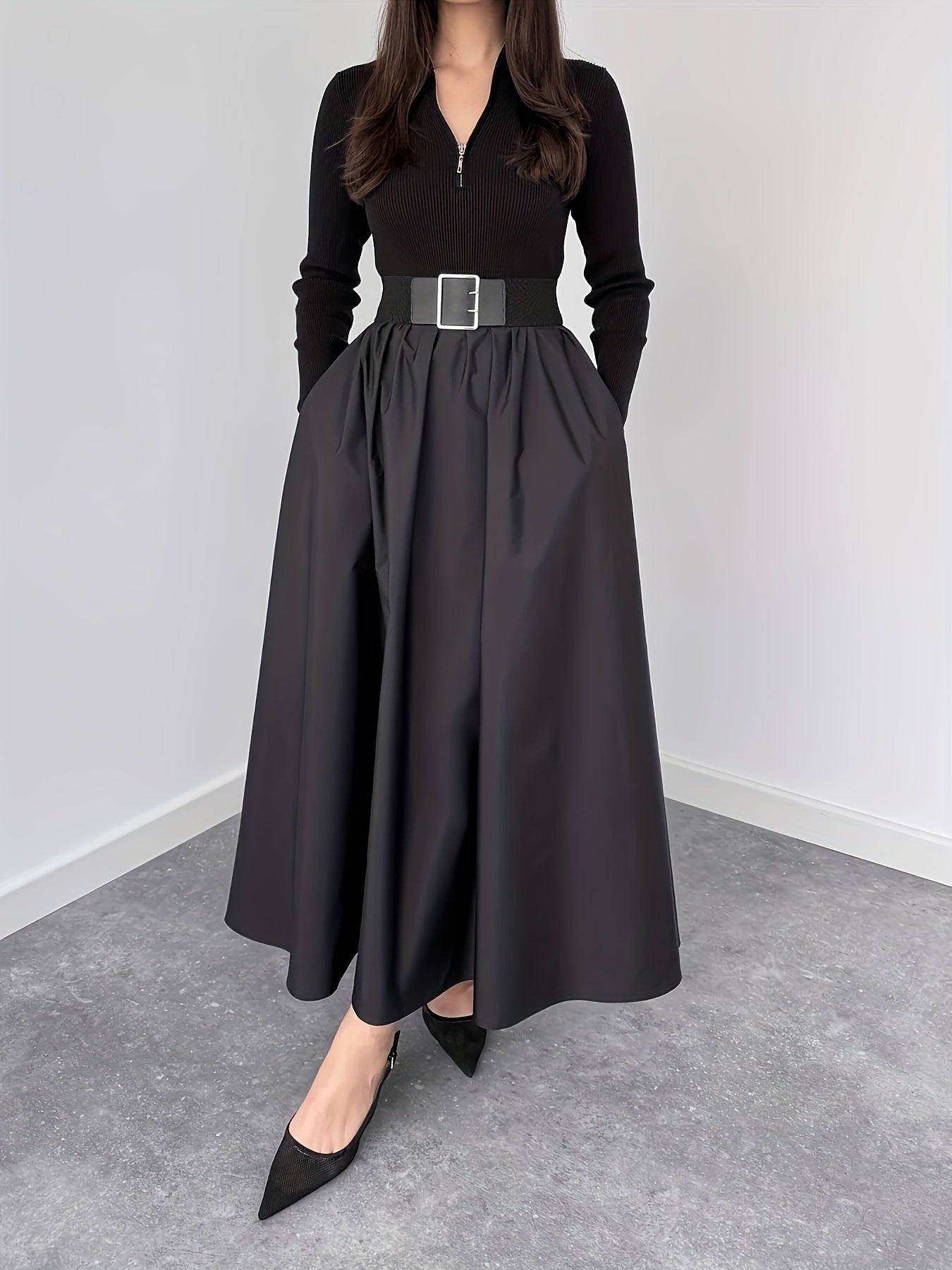 Hepburn French Black Long Sleeve Dress Early Autumn Wear V neck Dress by Ragazza
