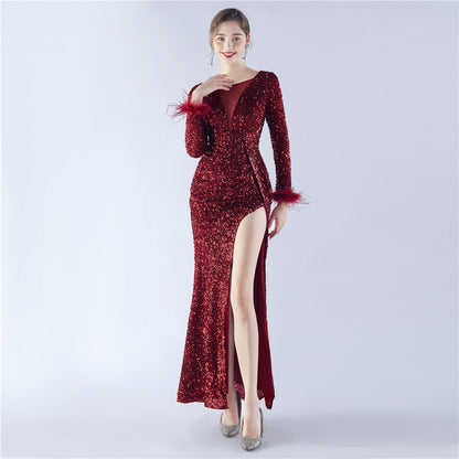 Handmade Sequin Craft Order Ostrich Feather Long Sleeve Evening Dress by Ragazza