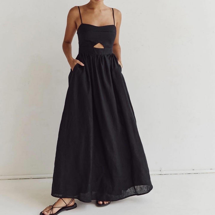 Black Breathable Sling High Waist French Dress Spring Autumn Holiday Long Dress Women by Ragazza