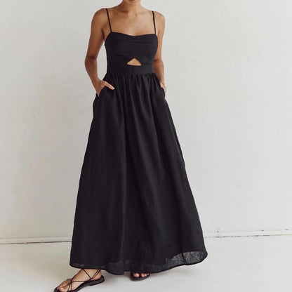 Black Breathable Sling High Waist French Dress Spring Autumn Holiday Long Dress Women by Ragazza