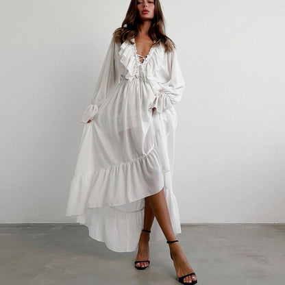 Drawstring V neck Flared Sleeves Chiffon Dress Asymmetric Design White Casual Long A line Dress by Ragazza